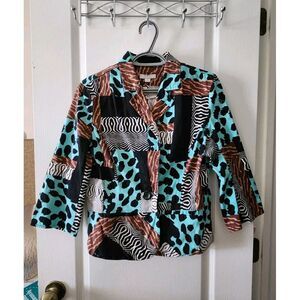 Erin London  Animal Print Teal Brown Black Women's Jacket Blazer Cotton Size‎ M